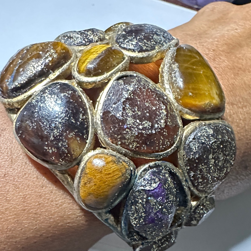 Tiger’s Eye Multi-Stone Statement Cuff Bracelet -… - image 1